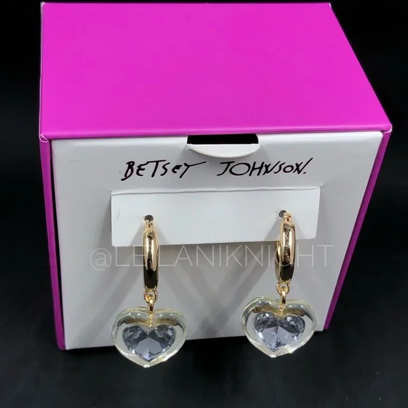 Betsey Johnson Gold Tone Crystal Heart Huggie Hoop Earrings - Picture 7 of 11
